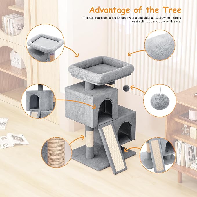 34'' Small Cat Tree with 2 Condos, Sisal Scratching Posts & Board, Sturdy Light - Image 4