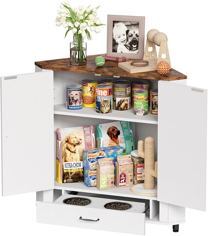 PakaLife Farmhouse Dog Food Storage Corner Cabinet, Dog Feeding Station - Image 9