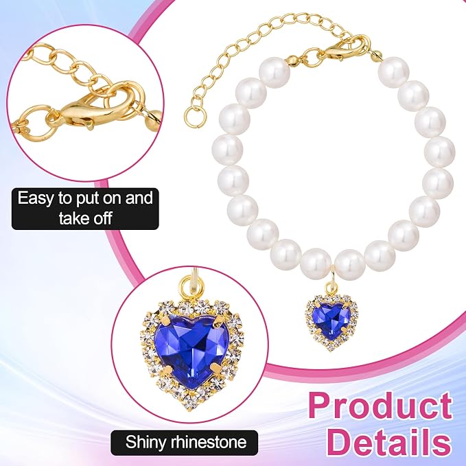 2pcs Cat Dog Pearl Collar, Small Heart Shape Rhinestone Pet Necklace, - Image 3