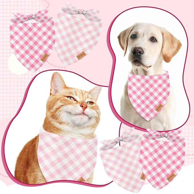 2Pcs Pink Plaid Dog Bandanas Valentine's Triangle Pet Scarf Adjustable Puppy - Image 4