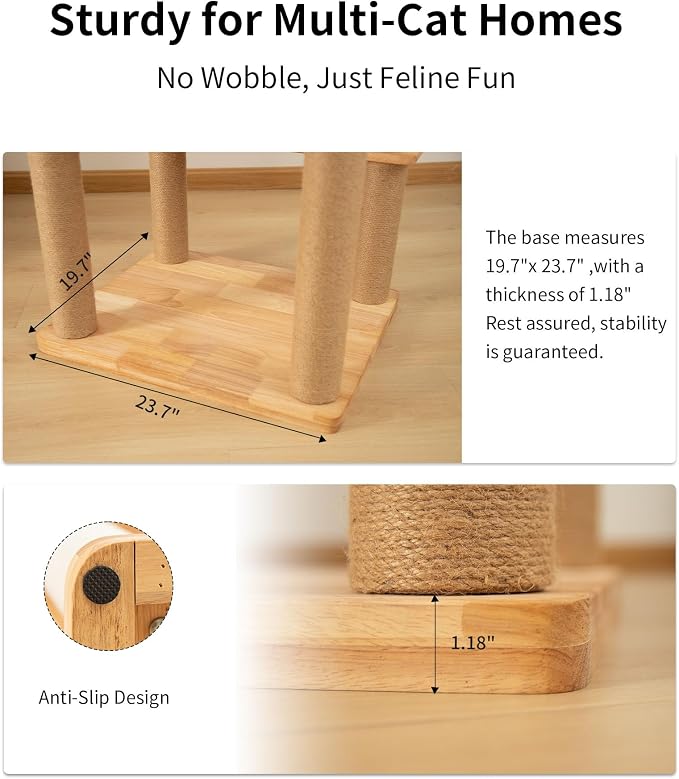 74" Wooden Cat Tree Tower for Large Cats, Cat Condo & Hammock, Natural Wood Cat - Image 6