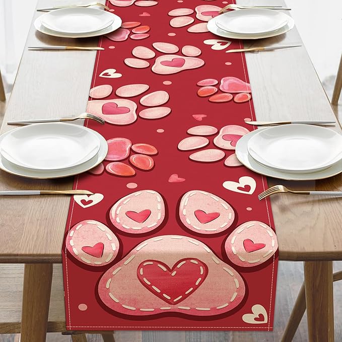 Valentines Day Dog Cat Paw Prints Table Runner, Anniversary Wedding Burlap by Croar