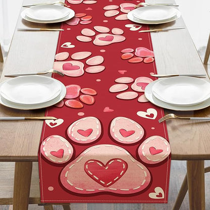 Valentines Day Dog Cat Paw Prints Table Runner, Anniversary Wedding Burlap by Croar