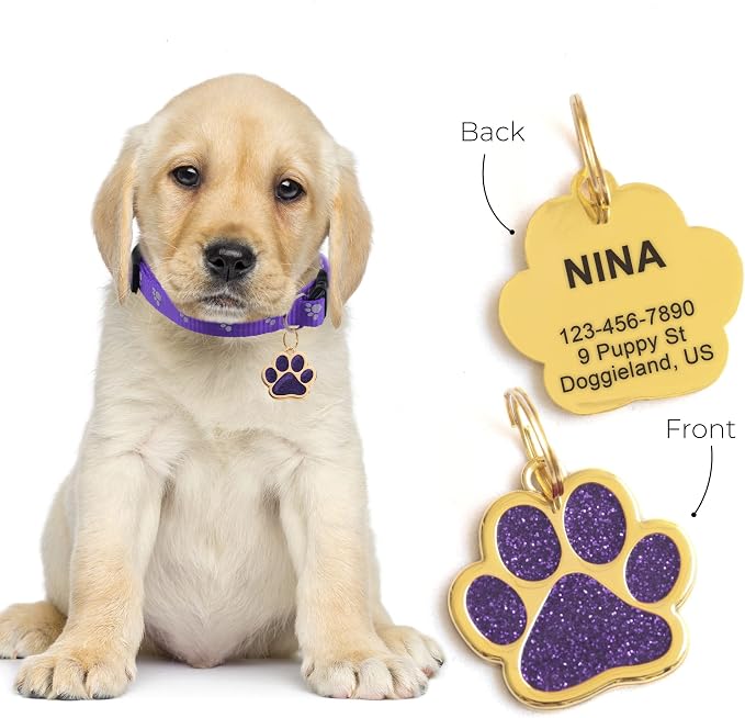 Paw Shape Dog ID Tag Stainless Steel Custom Laser Engraved, Cute Bling Glitter - Image 3