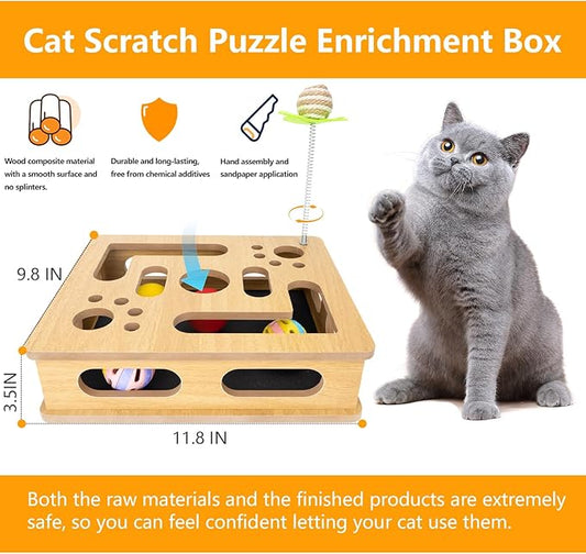 Interactive Wooden Cat Scratch Puzzle Enrichment Box, Cat Nail File Enrichment - Image 2