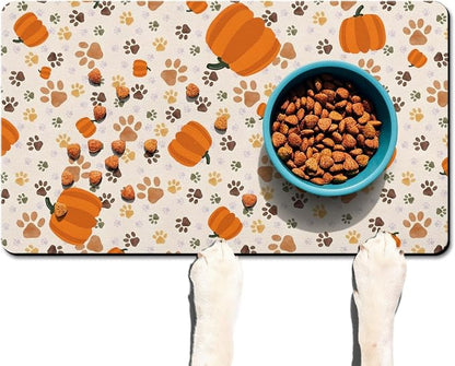 Fall Pumpkin Dog Food & Water Mat, Paw Prints Autumn Pet Feeding Mat - Image 3