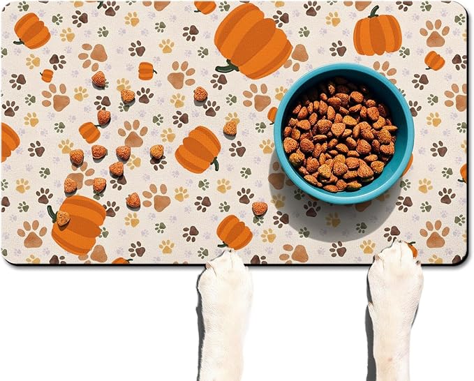Fall Pumpkin Dog Food & Water Mat, Paw Prints Autumn Pet Feeding Mat - Image 3