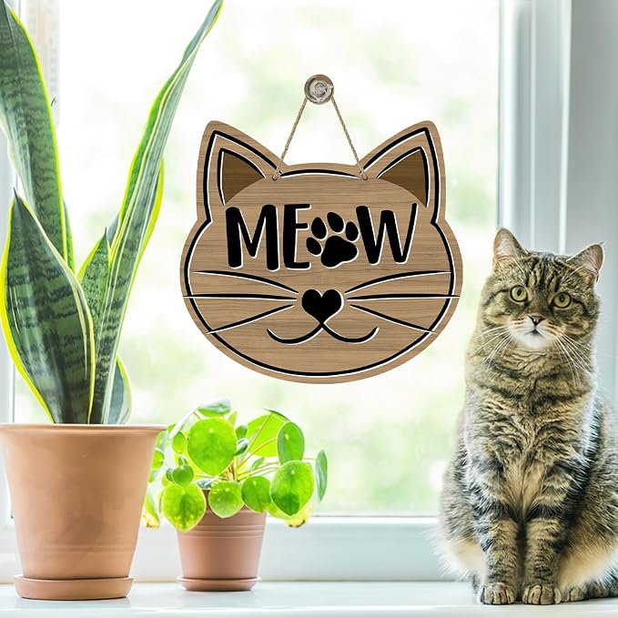 Cute Cat Meow Front Door Sign, Pet Farmhouse Wood Door Hanger Outdoor Outside - Image 5