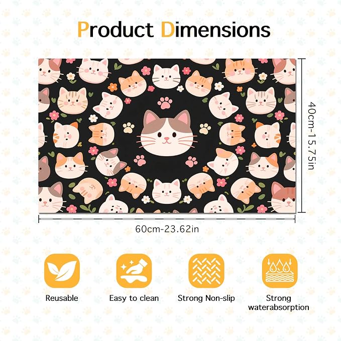 Cat Feeding Mat 24x16 inch Black Kitten Print Pet Bowl Placemat Non Slip Floor - Image 6