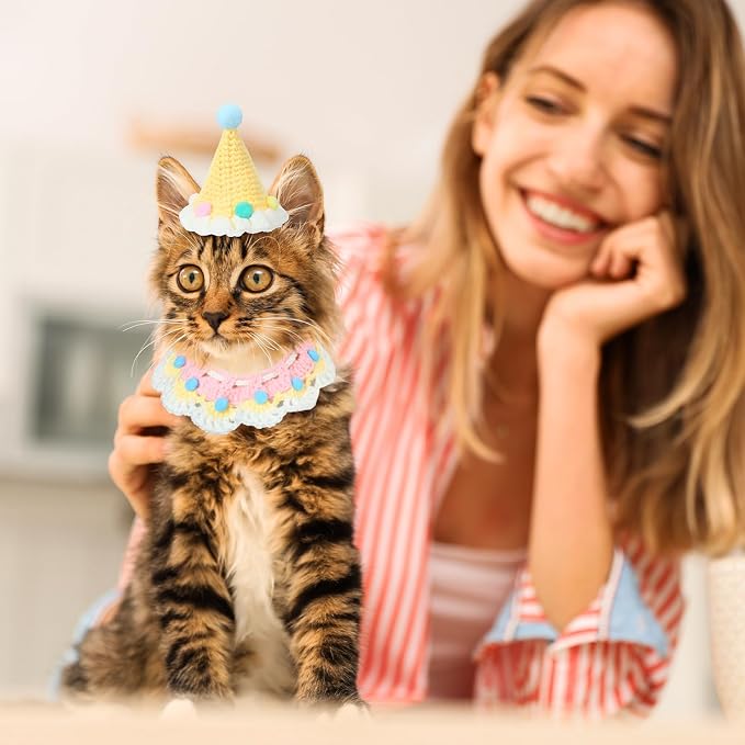 Sanwuta 2 Pcs Cat Birthday Party Supplies, Knit Cat Hat Kitten Birthday Bib - Image 6