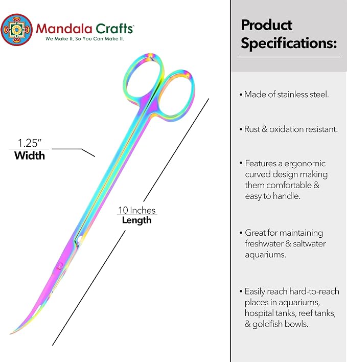 Mandala Crafts 10 Inches Rainbow Stainless Steel Curved Aquarium Scissors - Image 3