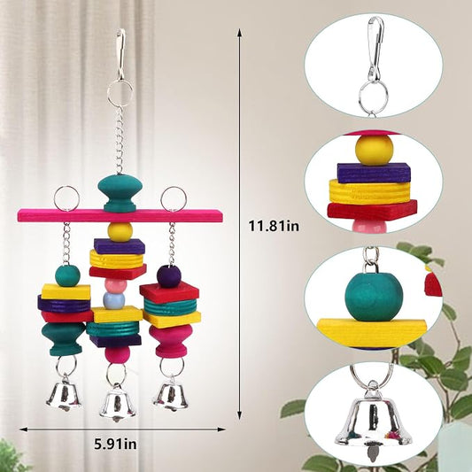 Hypeety Parrot Hanging Swing Bells Chew Toy Colorful Hanging Wood Block Natural - Image 2