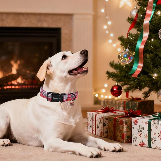 Christmas Dog Collar, Unique Style Paws Red Green Grids Dog Collar - Image 5