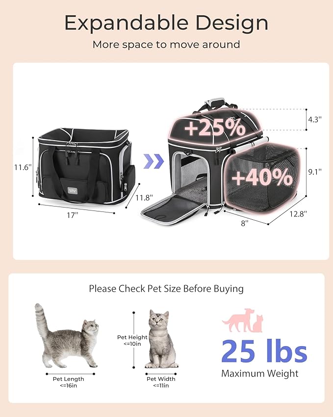 Expandable Pet Carrier: NOBLE DUCK Soft-Sided Cat Dog Carrier 17x11.8X Inches - Image 2