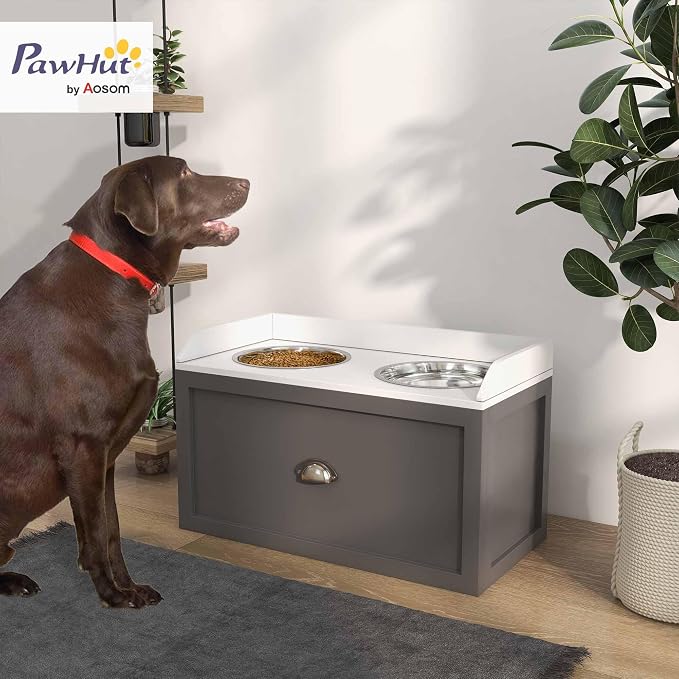 PawHut Feeding Station with Storage Drawer, Food Storage Cabinet with 2 - Image 2