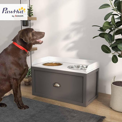 PawHut Feeding Station with Storage Drawer, Food Storage Cabinet with 2 - Image 2