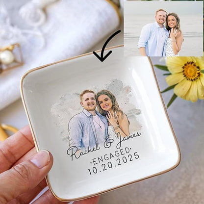 Personalized Couple Portrait Photo Ring Dish Engagement Gift, Ring Holder Dish - Image 2