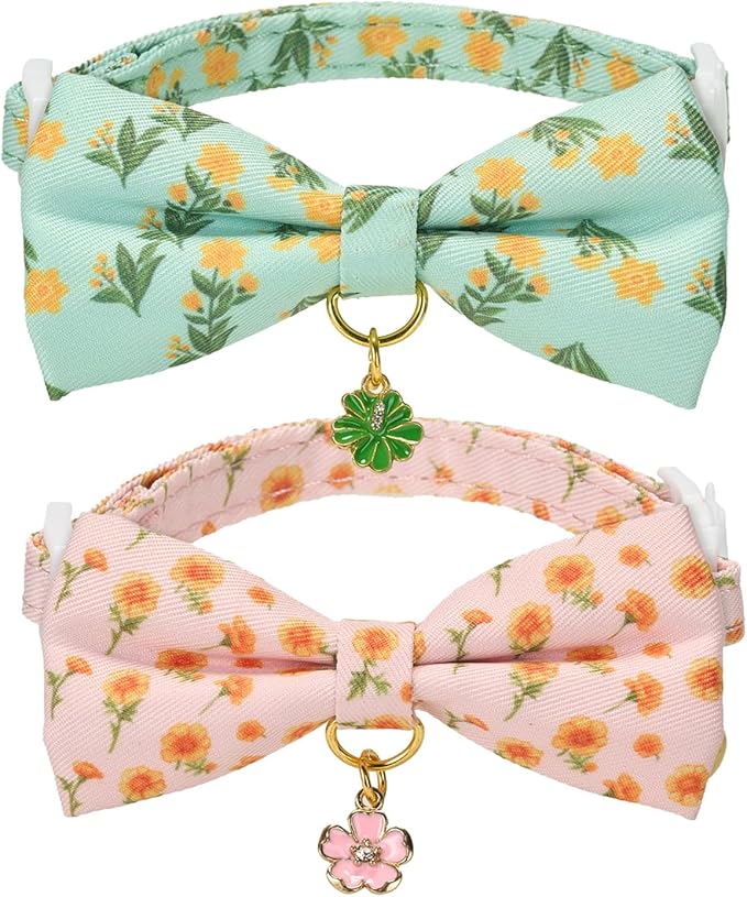 2 Pack Floral Cat Collars with Bow Tie and Bell Adjustable Breakaway Bowtie by Ewinoom