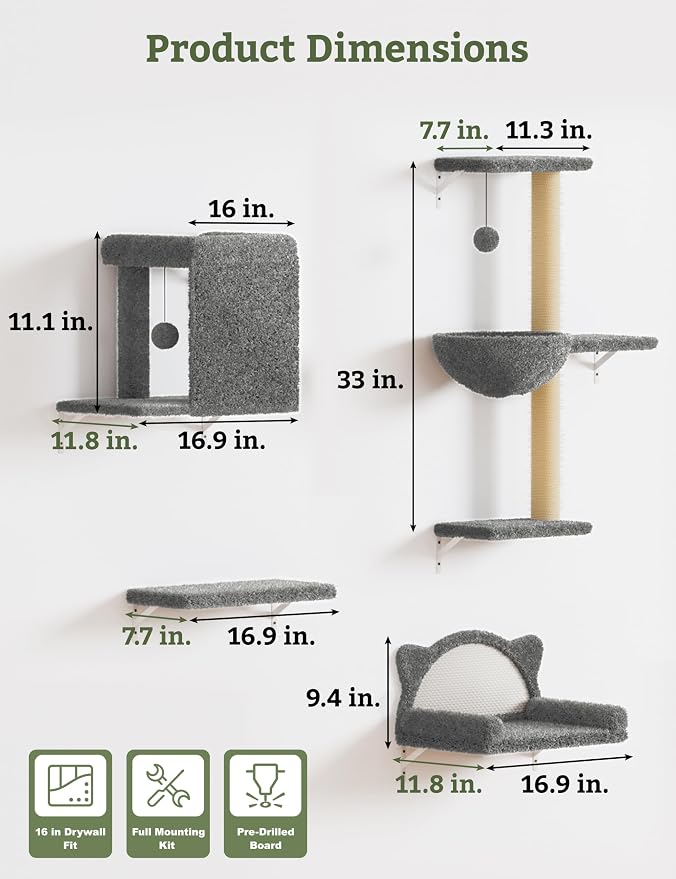 5-in-1 Cat Wall Shelves, Solid Wood & Velvet & Sisal Scratcher, 44lbs Max Load - Image 5