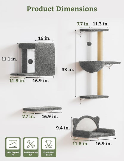 5-in-1 Cat Wall Shelves, Solid Wood & Velvet & Sisal Scratcher, 44lbs Max Load - Image 5