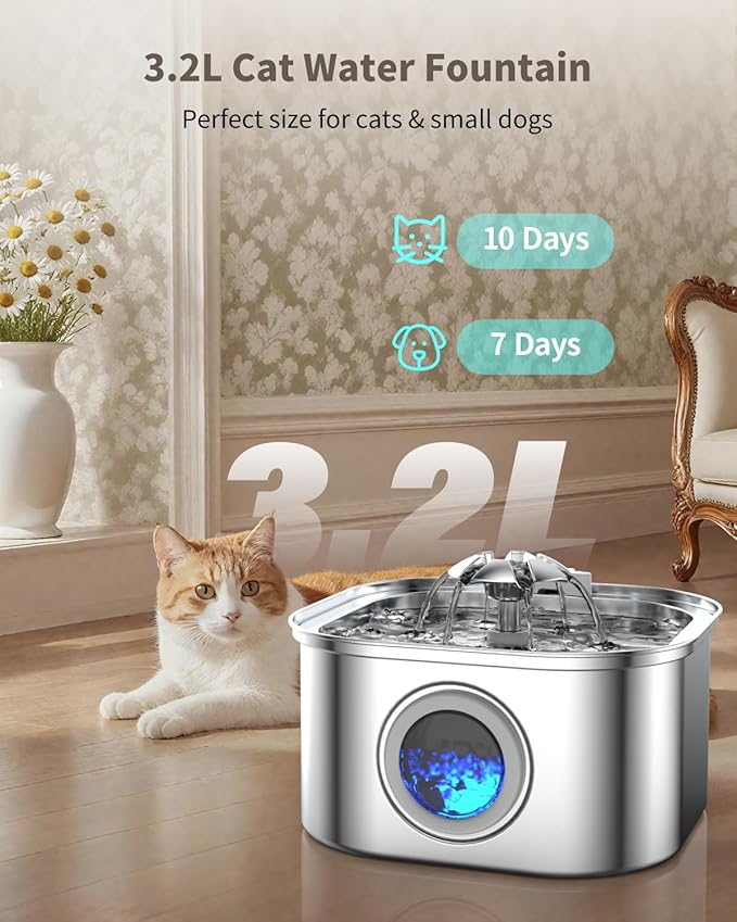 Cat Water Fountain Stainless Steel, 3.2L/108oz Cat Fountain - Image 2