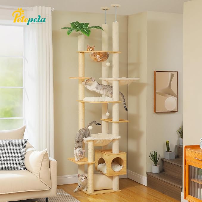 PETEPELA Floor to Ceiling Cat Tree, 93.3''-100.8'' Height Adjustable Wooden Cat - Image 2