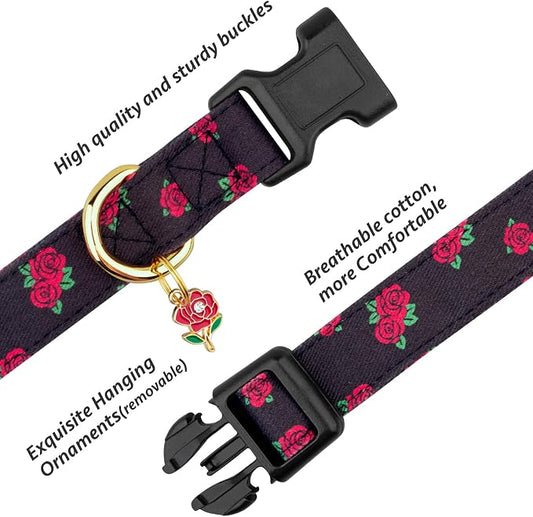 Cotton Handmade Dog Collar Cute and Distinctive Patterns Black Rose - Image 2