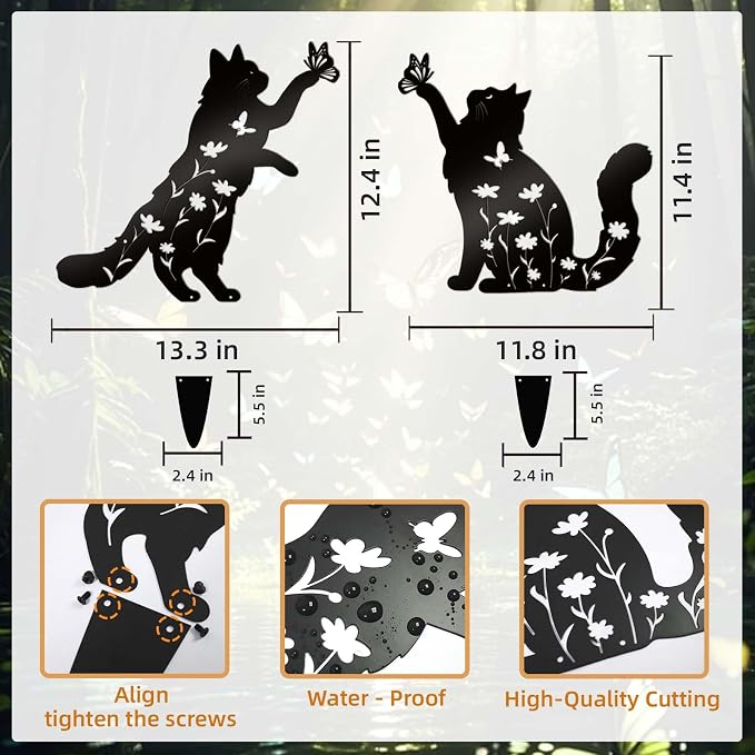 Bnesi Floral Long-Haired Cat Yard Decor Pet Grave Markers Metal Sign Silhouette - Image 3