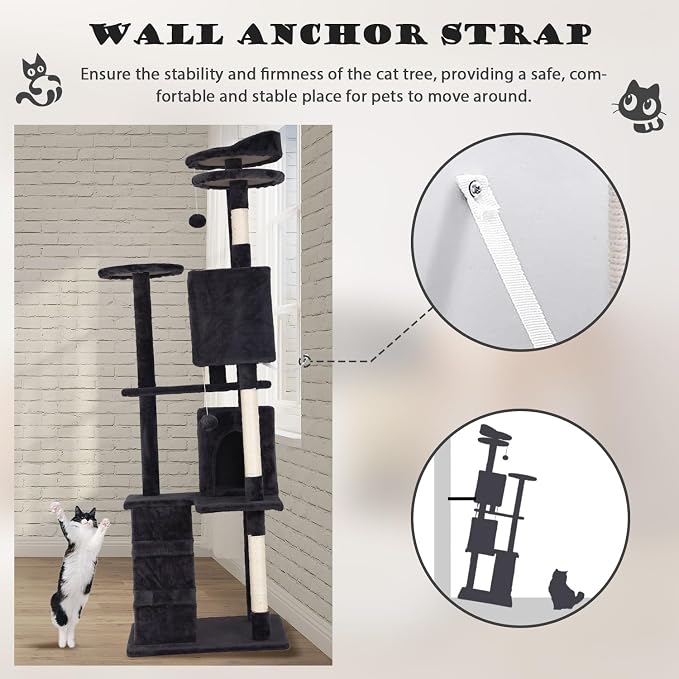 Heavy Duty Cat Tree Tower, Cat Condo, Hanging Ball, Dark Grey - Image 3