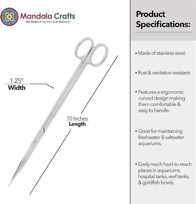 Mandala Crafts 10 Inches Silver Stainless Steel Straight Aquarium Scissors - Image 3
