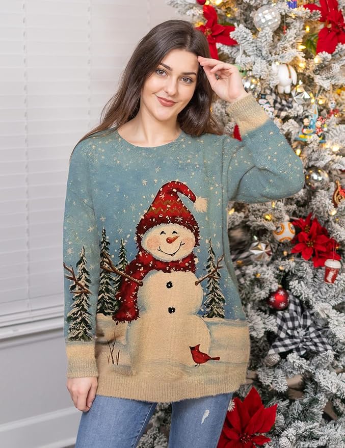 YESNO Women Christmas Sweater Graphic Printed Oversized Pullover Sweaters - Image 3