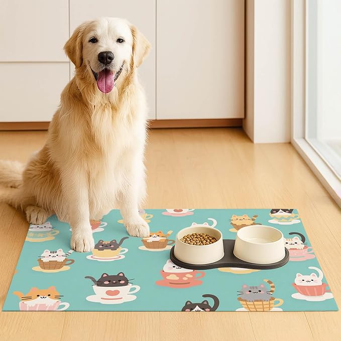 Cat Feeding Mat 24x16 inch Teacup Kitten Print Pet Bowl Placemat Non Slip Floor - Image 3