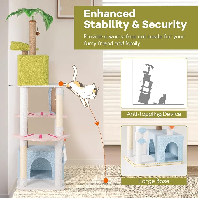 Tangkula 71 Inch Tall Cat Tree, 2 Cat Condos, Artificial Plant, Hanging Toys - Image 9