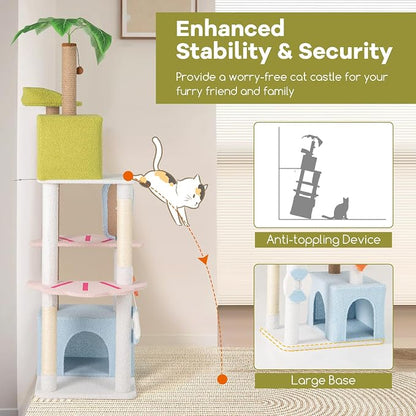 Tangkula 71 Inch Tall Cat Tree, 2 Cat Condos, Artificial Plant, Hanging Toys - Image 9