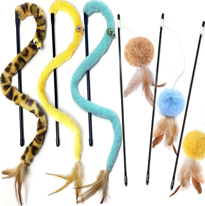 Cat Toys for Indoor Toys, Rainbow Cat Wand Toys, Feather Flips Plush Ball Cat by AZOFFYIU