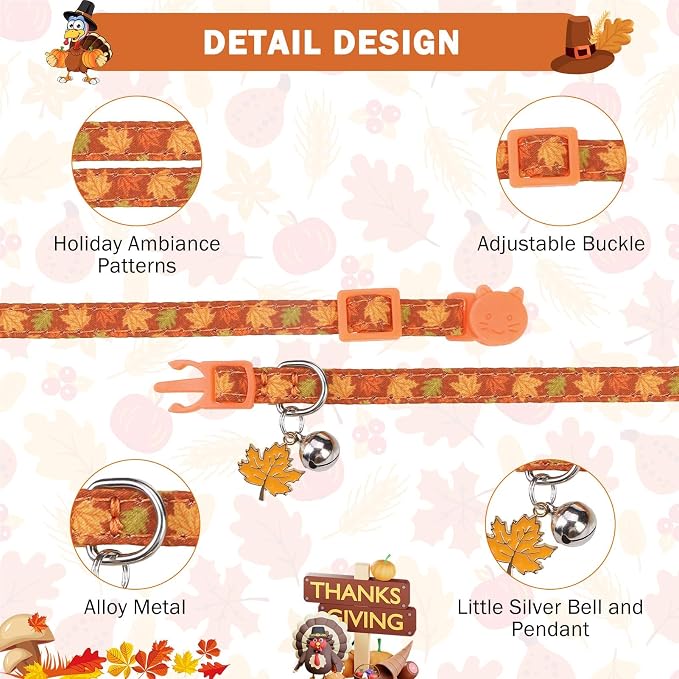 SCENEREAL Fall Cat Collar with Bell & Stylish Bowtie, Turkey Maple Leaf Pattern - Image 4