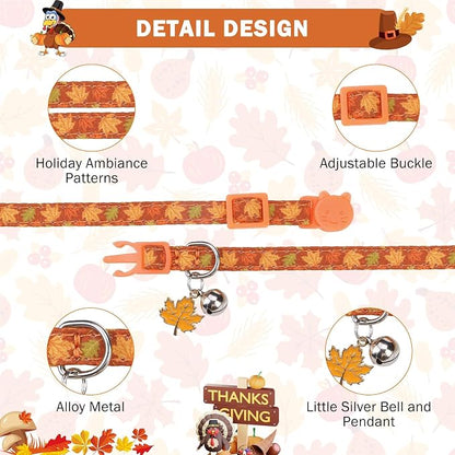 SCENEREAL Fall Cat Collar with Bell & Stylish Bowtie, Turkey Maple Leaf Pattern - Image 4
