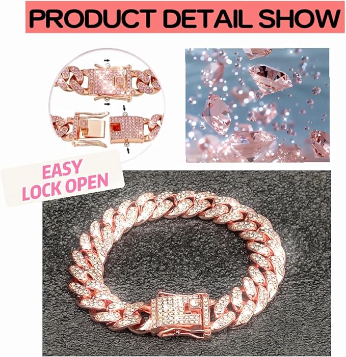 Cuban Link Cat Collar Rose Glod Crystal Dog Necklace Metal Chain Collar - Image 5