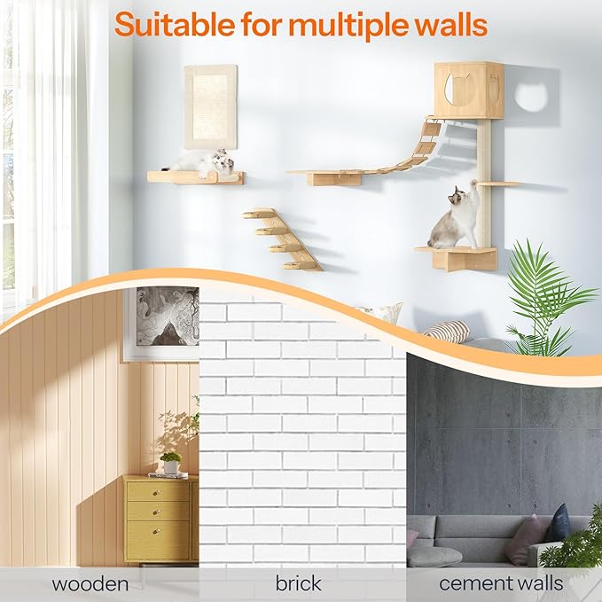 HOOBRO Wood Cat Wall Shelves, Plush Hammock, Scratcher and Climbing Shelves - Image 5