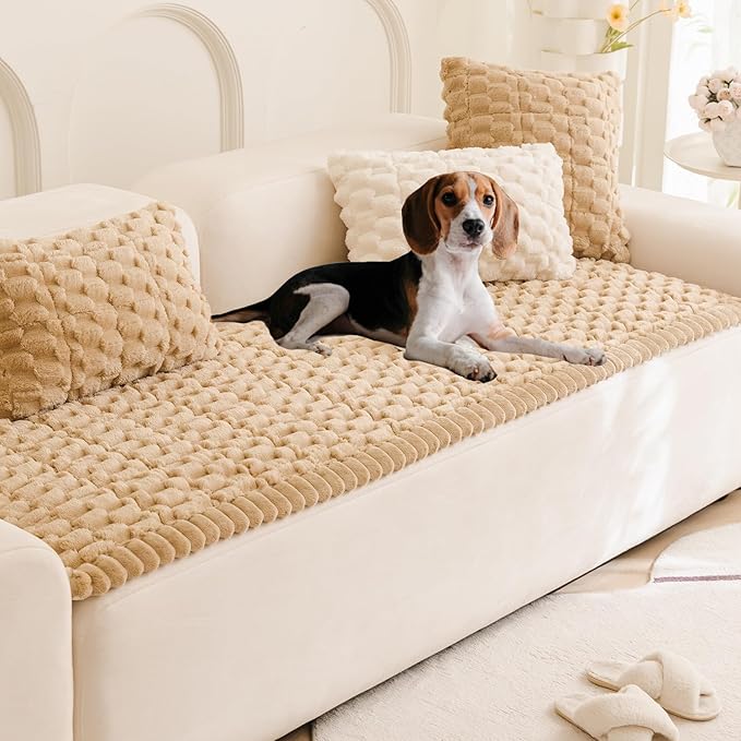 Couch Cover for Dogs Fuzzy Sofa Covers for Pet, Geometric Jacquard Coral by TIWWIE