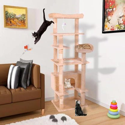 71'' Velvet Cat Climbing Frame, Large Top Padded Perch and Playhouse, - Image 3
