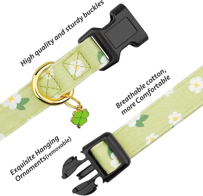 Cotton Handmade Dog Collar Cute and Distinctive Patterns Green Flower - Image 2