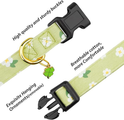 Cotton Handmade Dog Collar Cute and Distinctive Patterns Green Flower - Image 2