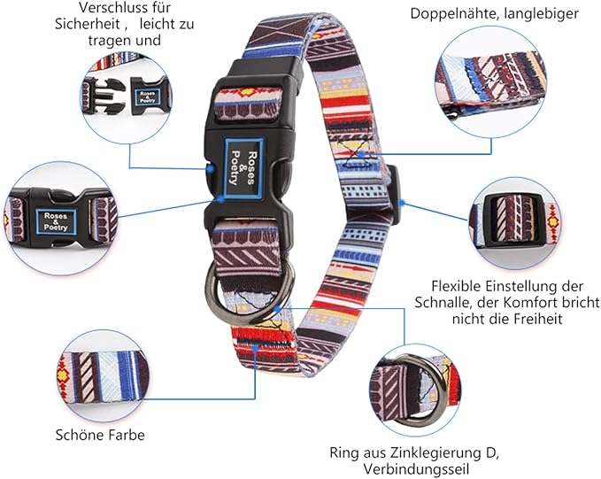 Roses&Poetry Dog Collar with Colourful Stripe Patterns, Adjustable Durable - Image 6