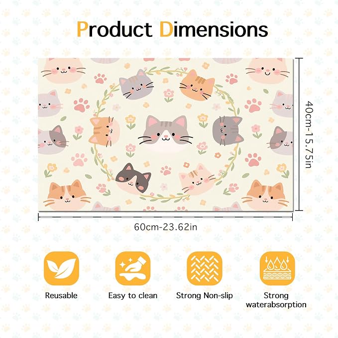 Cat Feeding Mat 24x16 inch Floral Ring Kitten Print Pet Bowl Placemat Non Slip - Image 6