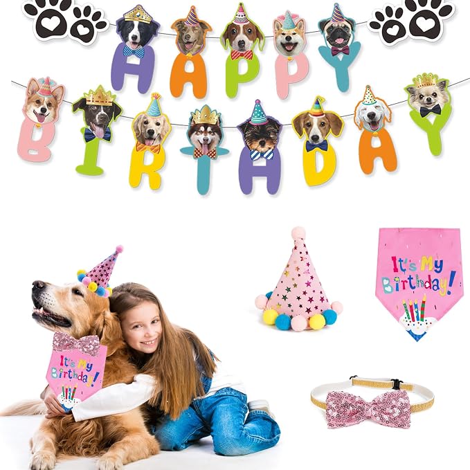 Dog Boy Birthday Party Outfits, Birthday Hat, Bow Tie, Happy Birthday Banner - Image 3