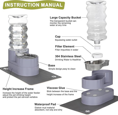 RIZZARI Large Water Dispenser for Dogs: 8L Gravity Gray Automatic Stainless - Image 3