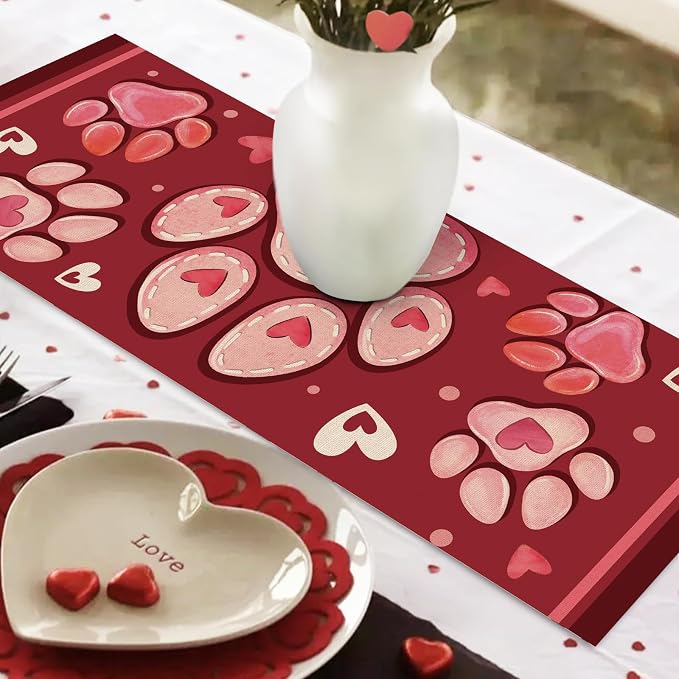 Valentines Day Dog Cat Paw Prints Table Runner, Anniversary Wedding Burlap - Image 6
