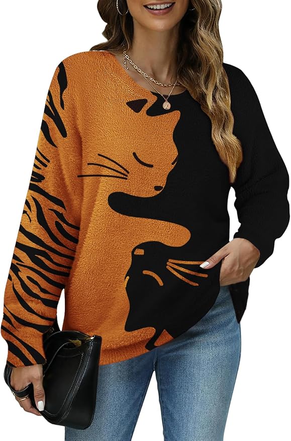 YESNO Women Christmas Sweater Graphic Printed Oversized Pullover Sweaters by YESNO