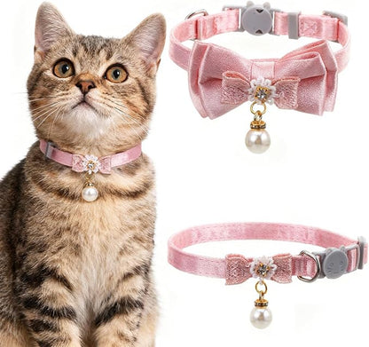 2 Pack Pink Cotton Cat Collars for Girl Cats, Cute Pearl Bow Kitten Collar - Image 7